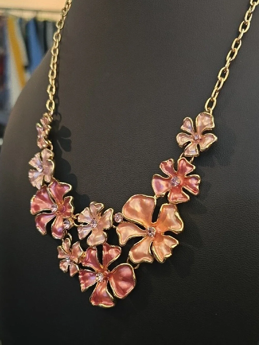 Gold-Tone Pink Floral Statement Necklace - Women Jewelry